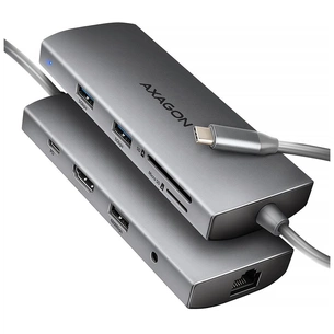 Концентратор AXAGON USBC to 3xUSB-A + HDMI + RJ45 + SD/microSD + audio + PD 100W 0.2m grey (HMC-8HLSA) зображення 1