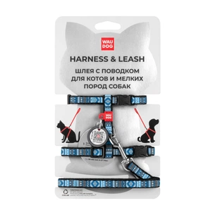 Шлея для котів WAUDOG Nylon з QR-паспортом "Етно синій" з повідцем пластиковий фастекс XS (5480) зображення 1