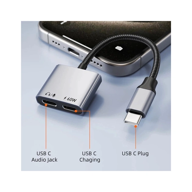 Переходник USB-C M to USB-C F Audio + USB-C F PD60W Cabletime (CA915781) - изображение 4