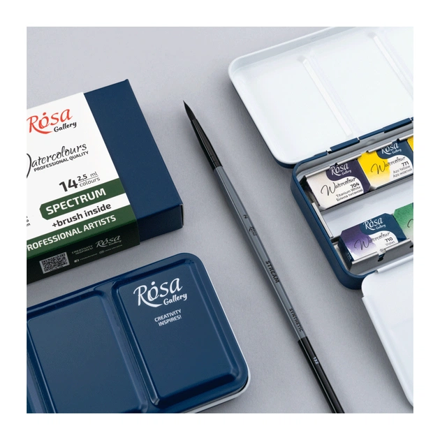 Акварельні фарби Rosa Gallery SPECTRUM, 14*2,5мл, з пензлем, кювета Індіго металевий пенал (4823098544760) - picture 3