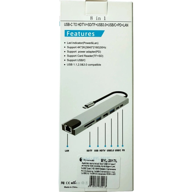 Концентратор Dynamode USB-C 8-in-1 HDMI 4K30Hz + 1xRJ45 + 1xUSB 3.0 + 1xUSB 2.0 + 1xUSB-C PD (BYL-2017L) - picture 9