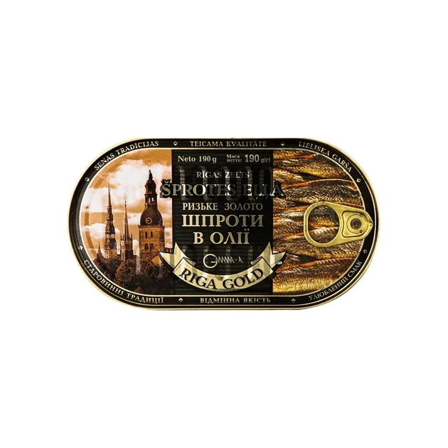 Рибні консерви Ризьке золото Шпроти в оливковій олії 190 г з ключем (4820062447485) - picture 1