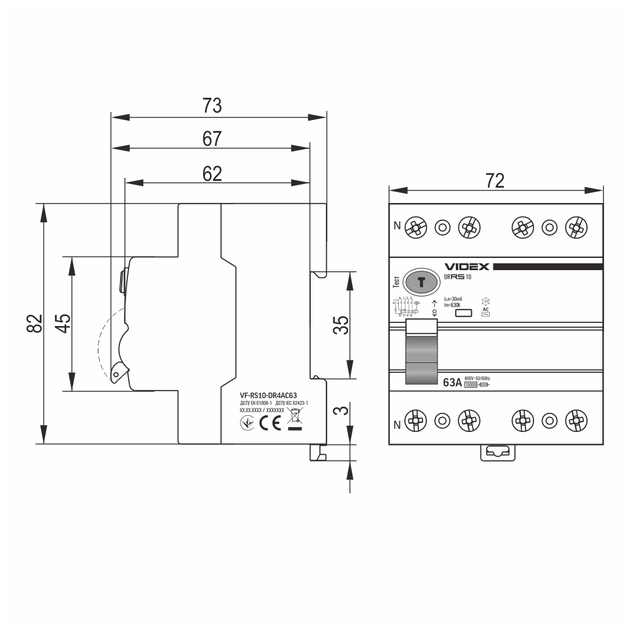 Диференційне реле (ПЗВ) Videx RESIST АС 4п 30мА 10кА 63А (VF-RS10-DR4AC63) - picture 4