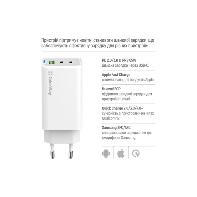 Зарядний пристрій ColorWay GaN Mini 65W PD Port PPS USB (USB-2C1A) white (CW-CHS058PD-WT) - picture 9