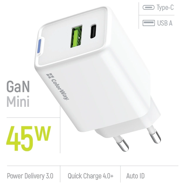 Зарядний пристрій ColorWay C101E GaN Mini 45W PD PPS USB-C + USB-A QC4.0 white (CW-CHS060PD-WT) - picture 7