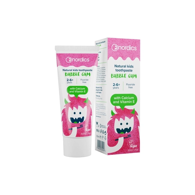 Дитяча зубна паста Nordics Kids Bubble Gum, 50 мл, 26 років, з гідроксиапатитом та кальцієм, без фтору, зі смаком жувальної (3800500324456) - зображення 1