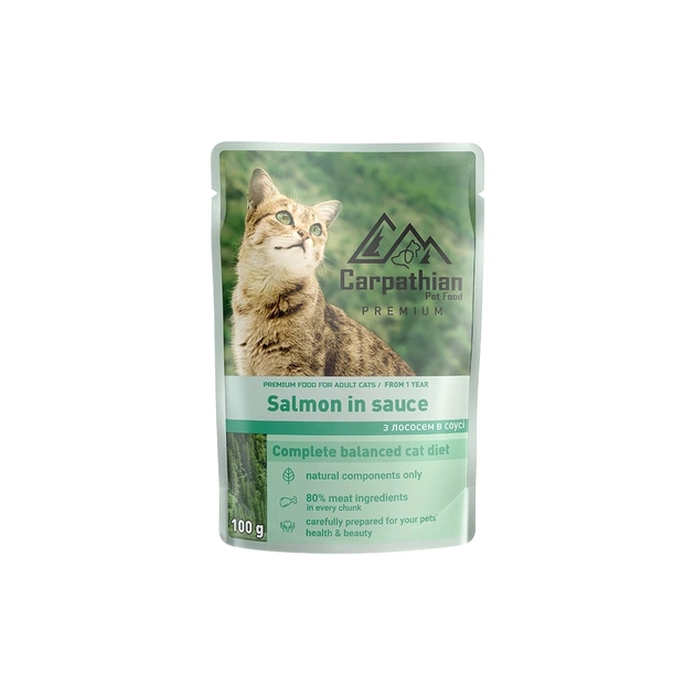 Вологий корм для кішок Carpathian Pet Food Лосось в соусі 100 г (4820111141357) - зображення 1