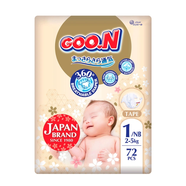 Підгузки GOO.N Premium Soft для немовлят до 5 кг 1 NB на липучках 72 шт (F1010101-152) - зображення 1