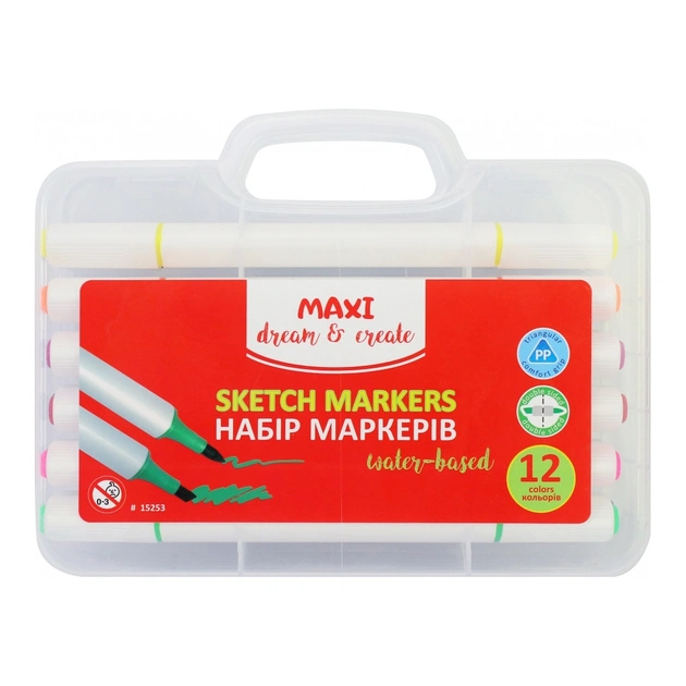 Художественный маркер Maxi набор скетч-маркеров двухсторонних, 12 цветов на водной основе (MX15253) - изображение 1