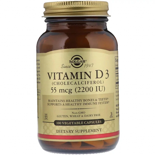 Витамин Solgar Вітамін D3, Vitamin D3, 55 mcg (2200 IU), 100 вегетаріанськ (SOL-03317) - изображение 1