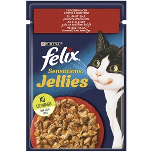 Вологий корм для кішок Purina Felix Sensations Jellies з яловичиною та томатами в желе 85 г (7613039831724) зображення 1