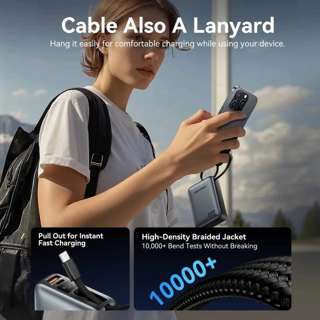 Батарея універсальна Vention 20000 mAh 45W Mini with Built-in USB-C Cable Gray (FHGH0) - зображення 4