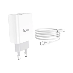 Зарядний пристрій HOCO C80A Rapido 1xUSB-C PD20W + 1xUSB QC3.0 + cable USB-C to USB-C White (6931474740533) зображення 1