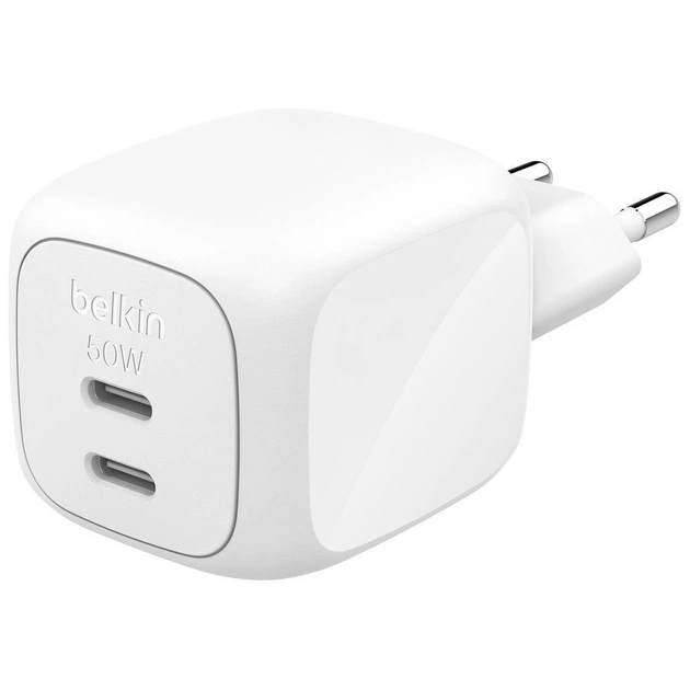 Зарядний пристрій Belkin 2xUSB-C PD50W GaN PPS white (WCH019KQWH) - зображення 1