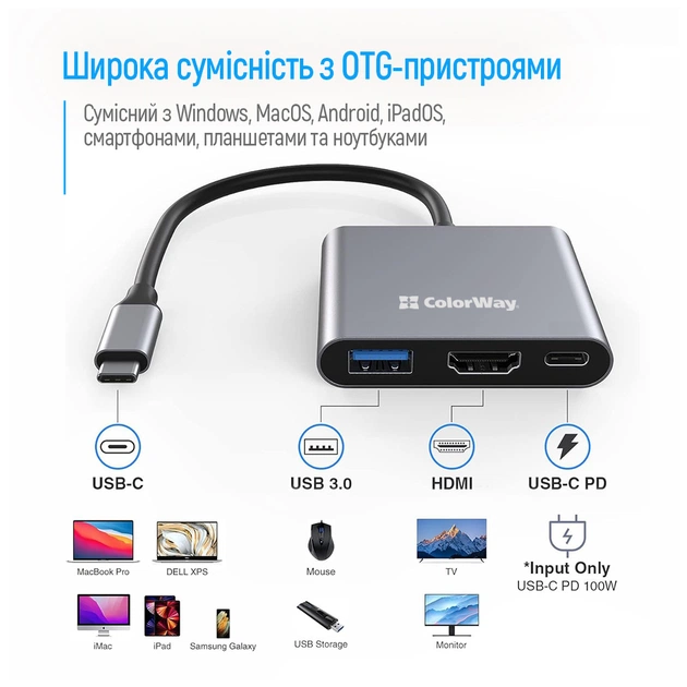 Концентратор ColorWay USB-C 3-in-1 USB 3.0 + HDMI 4K + USB-C PD100W (CW-HUB08) - picture 10