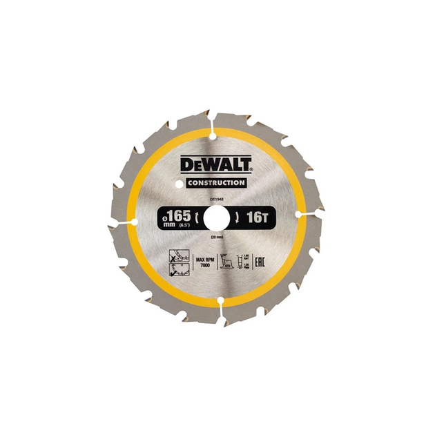 Диск пильный DeWALT CONSTRUCTION 165 х 20 мм, 16z (ATB), 20 градусов (DT1948) - изображение 1