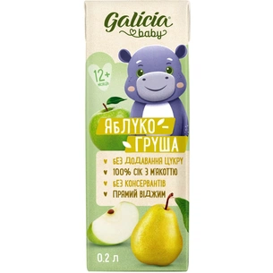 Сік дитячий Galicia Baby яблучно-грушевий з м’якоттю натуральний 200 мл (4820209564266) изображение 1