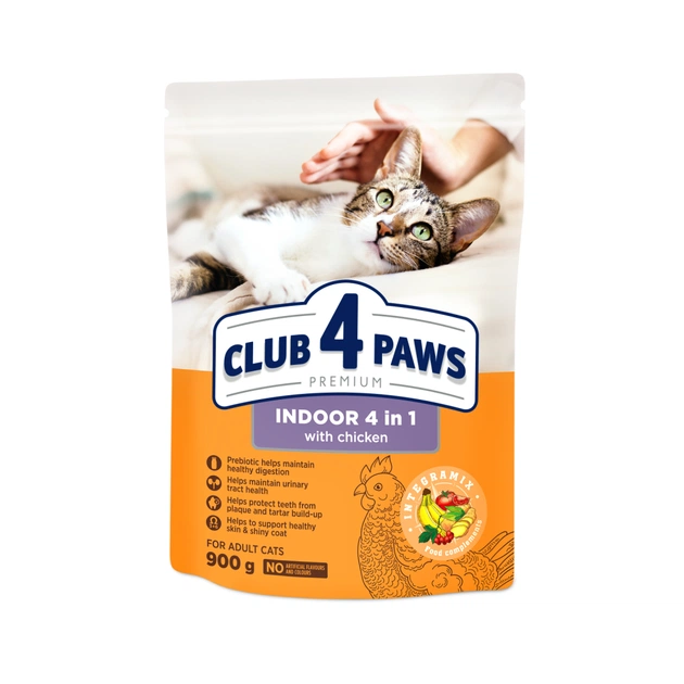Сухий корм для кішок Club 4 Paws Преміум. Для кішок, які живуть в приміщенні 4 в 1 900 г (4820083909412) - зображення 1