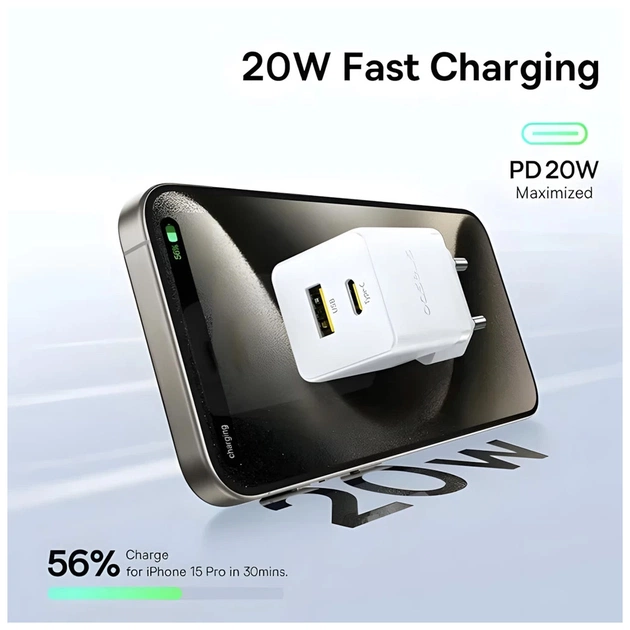 Зарядний пристрій Baseus 1xUSB-C 20W + 1xUSB white + cable USB-C to USB-C 60W 1.0m (P10111608213-01) - picture 8
