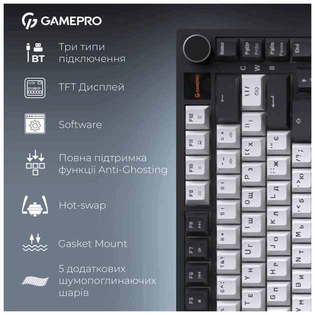 Клавіатура GamePro Asgard Valhalla Pro MK160B-D-Pro Rainy Switch Wireless/Bluetooth/USB UA Black (MK160B-D-Pro) - picture 11