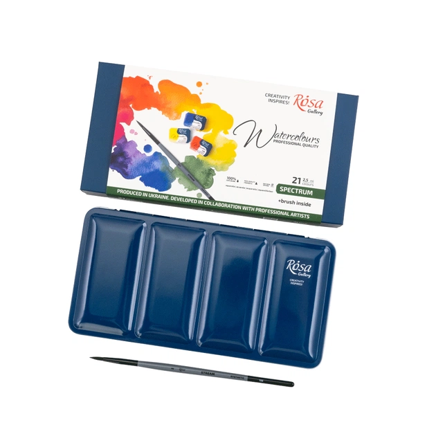 Акварельні фарби Rosa Gallery SPECTRUM, 21*2,5мл, з пензлем, кювета Індіго металевий пенал (4823098544777) - picture 7