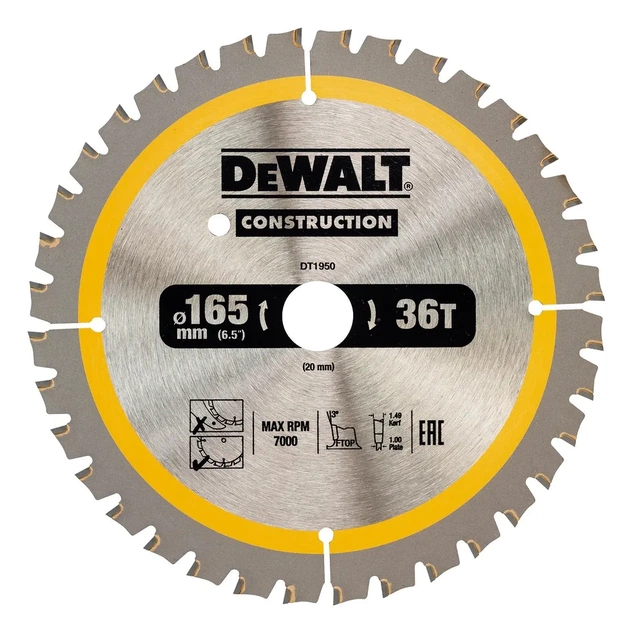 Диск пильний DeWALT CONSTRUCTION 165 х 20 мм, 36 z (ATB), 20 градусів (DT1950) - picture 1