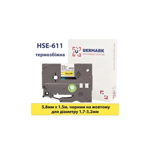 Стрічка для принтера етикеток UKRMARK B-Hs611, аналог HSe611, термозбіжна, 1,7-3,2мм, 5,8мм х 1,5м, black on yellow (900409) зображення 1