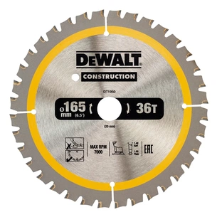 Диск пильний DeWALT CONSTRUCTION 165 х 20 мм, 36 z (ATB), 20 градусів (DT1950) зображення 1