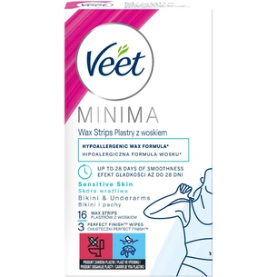 Воскові смужки Veet Minima Гіпоалергенні для чутливої шкіри лінії бікіні та області під пахвами 16 шт. (5900627096965) зображення 1