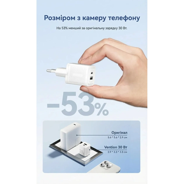 Зарядний пристрій Vention 1xUSB-C PD30W + 1xUSB QC3.0 30W GaN + cable USB-C to USB-C 1.0m white (TZ-FEQW0-EU-01) - зображення 5
