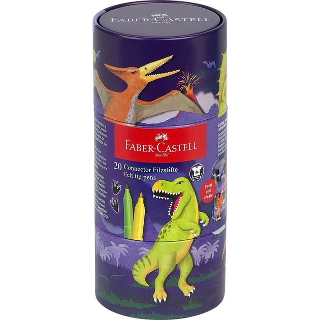 Фломастеры Faber-Castell Connector Динозавры в подарочной металлической коробке 20 цветов (32543) - изображение 1