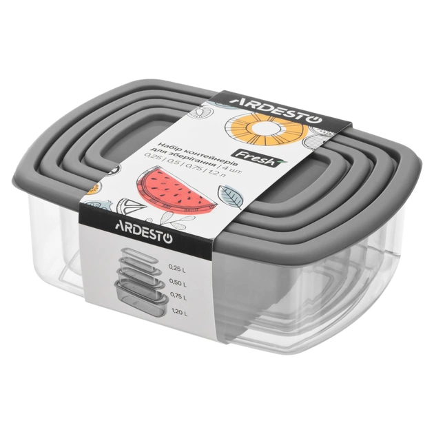 Харчовий контейнер Ardesto Fresh Набір 0.25/0.5/0.75/1.2л, пластик, прямокутна, сірий (AR1312R) - зображення 1