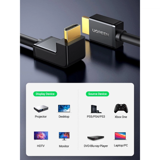 Кабель мультимедійний HDMI M to HDMI M 2.0m 90° corner HD103 black Ugreen (10173) - зображення 6