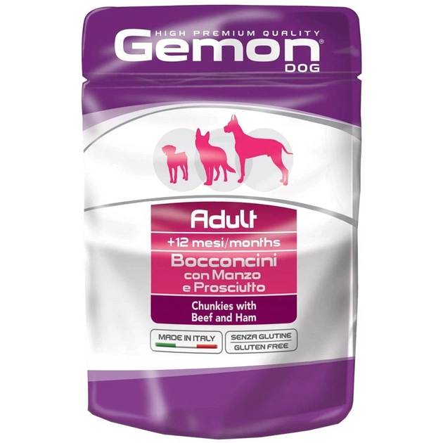 Вологий корм для собак Gemon Dog Wet Adult шматочки з яловичиною та шинкою 100 г (8009470300605) - зображення 1