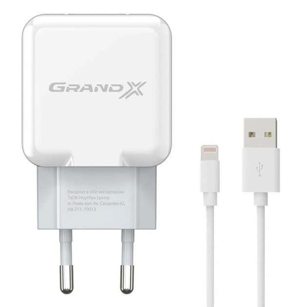 Зарядний пристрій Grand-X USB 5V 2,1A White + cable USB -> Lightning, Cu (CH03LTW) - изображение 1
