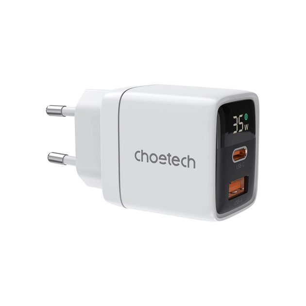 Зарядное устройство Choetech 1xUSB + 1xUSB-C PD35W with display white (PD6052-EU-WH) - изображение 1