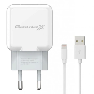 Зарядний пристрій Grand-X USB 5V 2,1A White + cable USB -> Lightning, Cu (CH03LTW) зображення 1