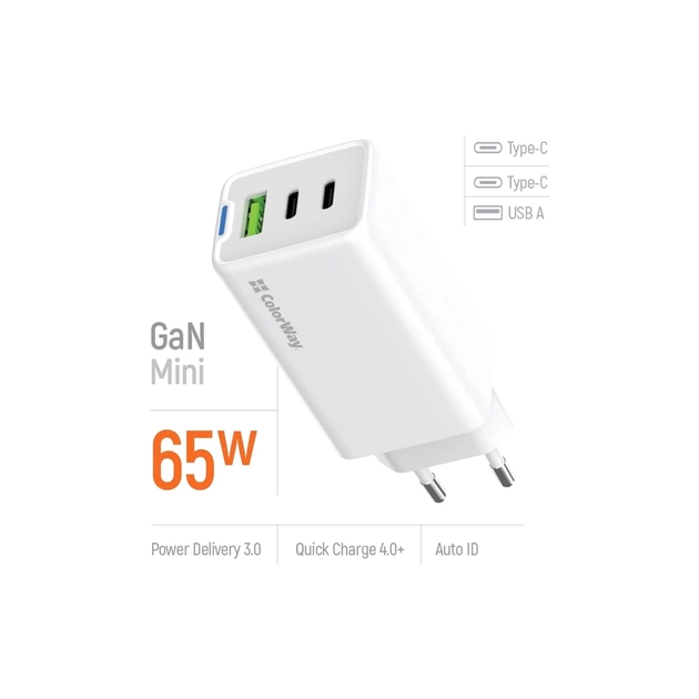 Зарядний пристрій ColorWay GaN Mini 65W PD Port PPS USB (USB-2C1A) white (CW-CHS058PD-WT) - picture 7