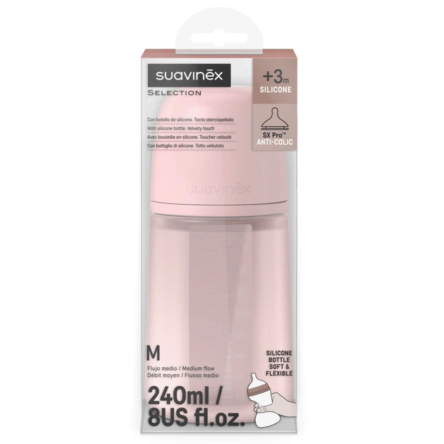 Пляшечка для годування Suavinex Colour Essence, 240 мл, силіконова, 240 мл, фізіологічна соска повільний потік, , світло-рожева (308654) - picture 3