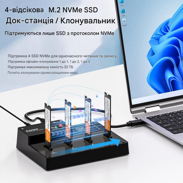 Док-станція для накопичувачів Maiwo 4*NVMe M.2 SSD Key M/B+M to USB4.0 USB-C 40Gbps (K3015P4) - picture 2