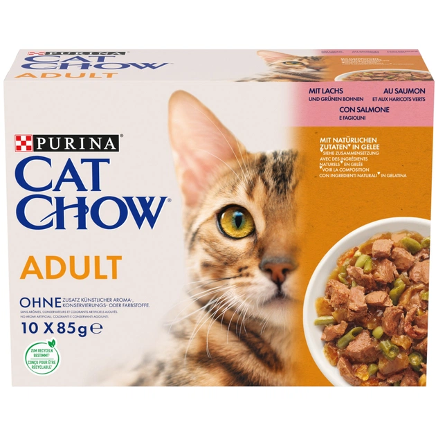 Вологий корм для кішок Purina Cat Chow Adult з лососем і зеленою квасолею 85 гх10 шт (7613036596039) - зображення 1