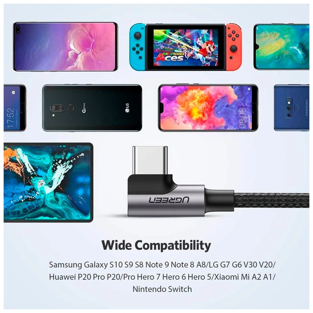 Дата кабель USB 2.0 AM to USB-C 3.0m 3A 90° corner US176 black Ugreen (70875) - picture 10