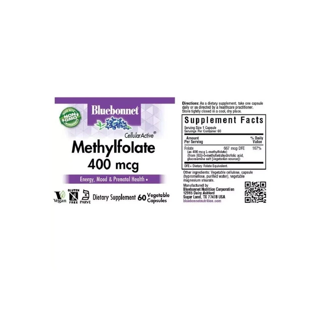 Вітамін Bluebonnet Nutrition Метилфолат (B9) 400мкг, Cellular Active, Methylfolate, 60 вегетаріанських (BLB0456) - зображення 2