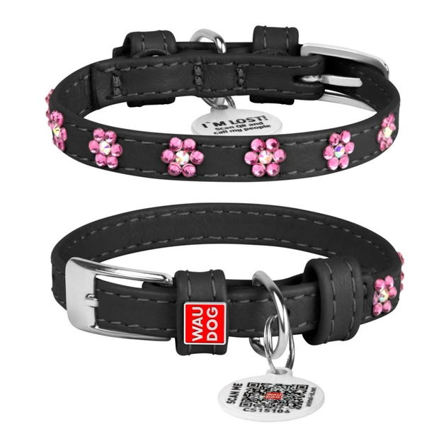 Ошейник для животных WAUDOG Glamour с QR-паспортом "Цветы" XS Ш 15 мм Д 27-36 см черный (32841) - изображение 1