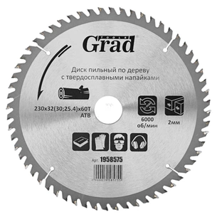 Диск пильний Grad по дереву з твердосплавними напайками Ø230×32(30;25.4)×60Т, 6000об/хв GRAD (1958575) (1958575) зображення 1