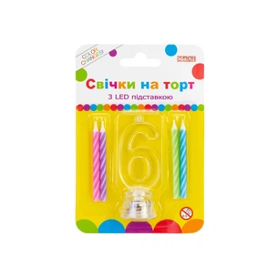Свічка Maxi 4 шт. на торт з LED підставкою "6", що світиться (MX701007-6) зображення 1