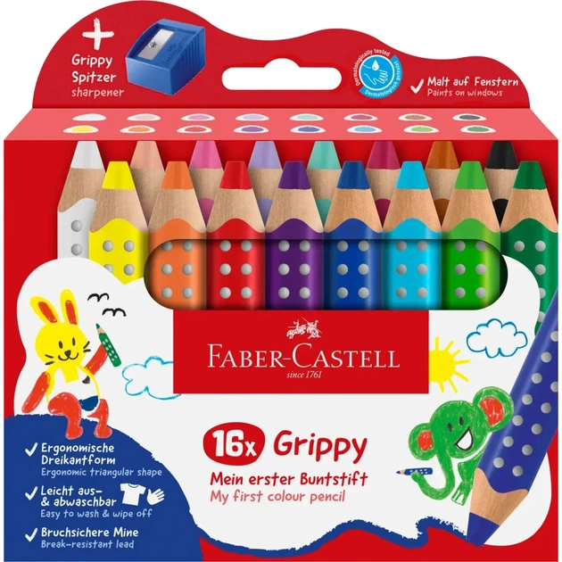 Карандаши цветные Faber-Castell XXL Jumbo Grippy акварельні, потовщені, з м'яким грифелем 16 кольорів+стругачка (110645) (33044) - изображение 1