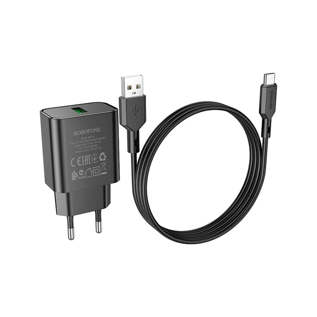 Зарядное устройство BOROFONE BA72A Spring USB QC3.0 + cable USB to USB-C 18W Black (6974443388589) - изображение 1