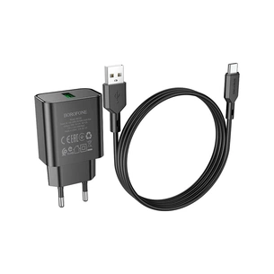 Зарядний пристрій BOROFONE BA72A Spring USB QC3.0 + cable USB to USB-C 18W Black (6974443388589) зображення 1