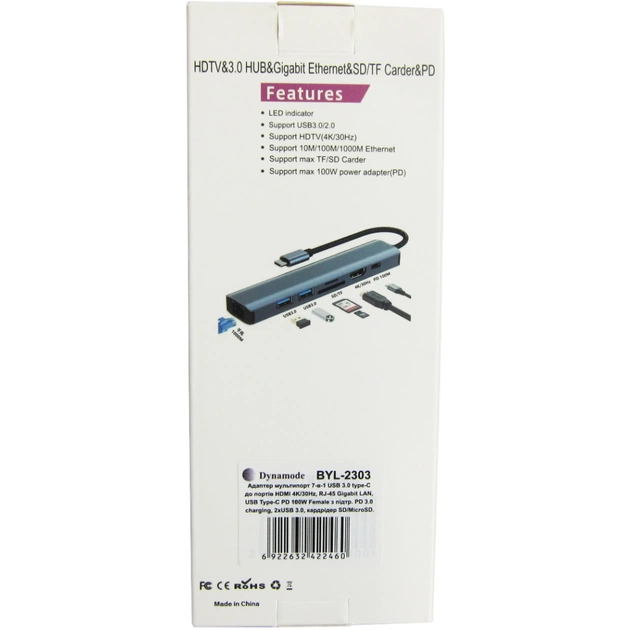 Концентратор Dynamode 7-in-1 USB-C to HDTV 4K/30Hz, 2хUSB3.0, RJ45, USB-C PD 100W, SD/MicroSD (BYL-2303) - picture 12